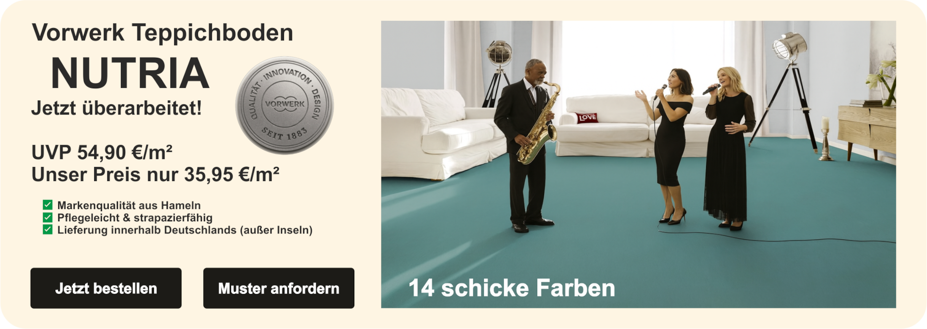 Kategoriebild für Teppichboden Nutria Melange 1N95; gleichmäßige Velours-Oberfläche mit weißer Schrift „Nutria Melange Teppichboden“ im Querformat